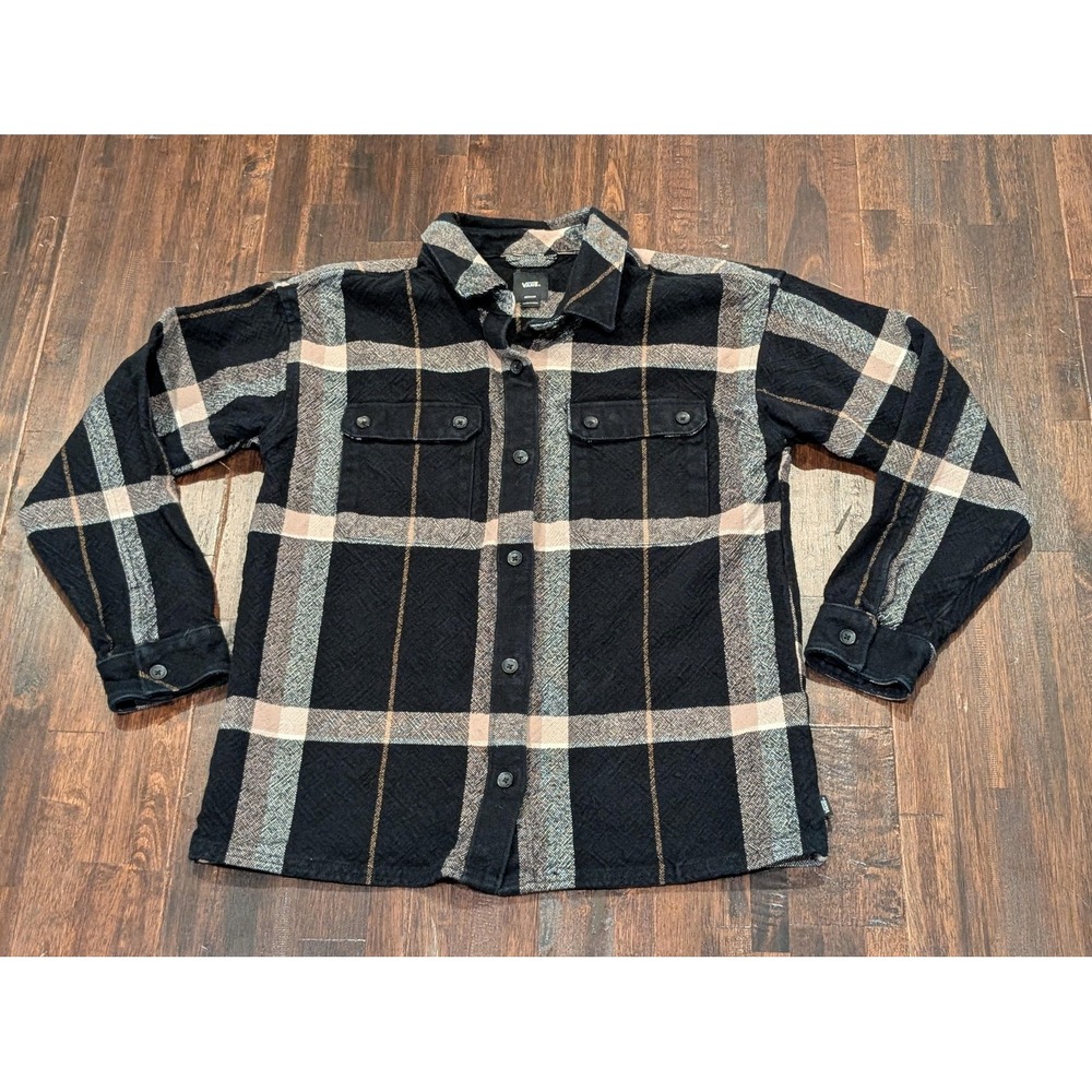 Vans Shirt Mens Medium Black Gray Plaid‎ Flannel Checked Heavy Buttons VN0A7R03